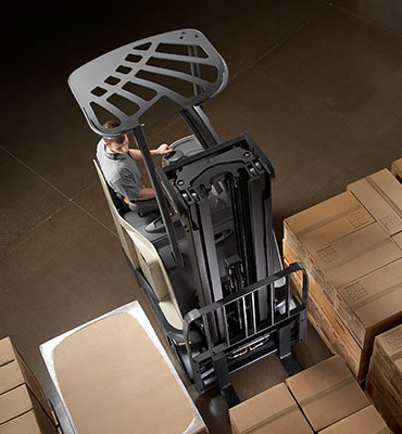 the RC stand-up forklift offers an angled pillar and overhead guard for industry-leading visibility