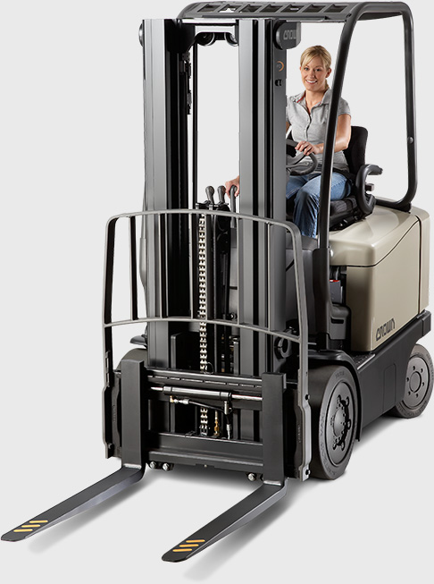 Operator navigating on sit down counterbalance forklift