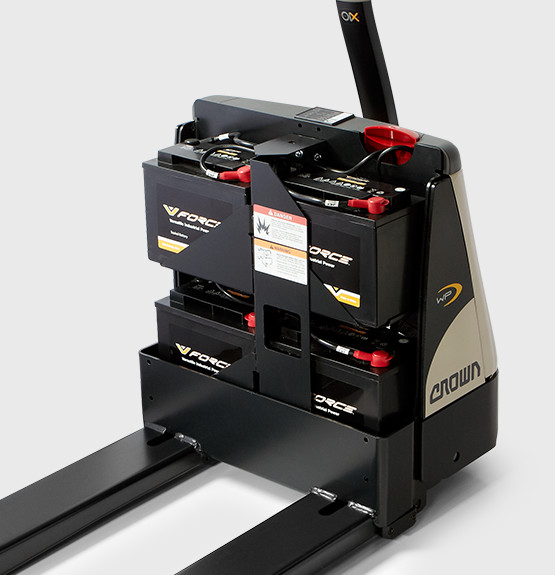 pedestrian pallet truck with no back cover exposing v-force batteries