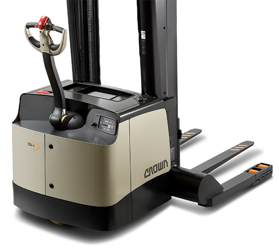 Crown's SH/SHR series walkie pallet stacker features a robust frame constructed to increase durability