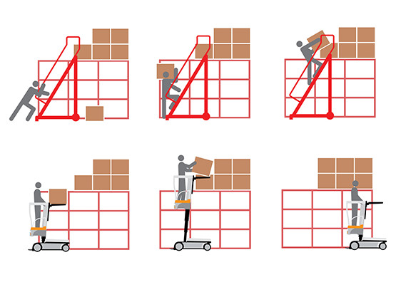 Man utilising the WAV WorkAssist Vehicle to stock items in a warehouse setting. 