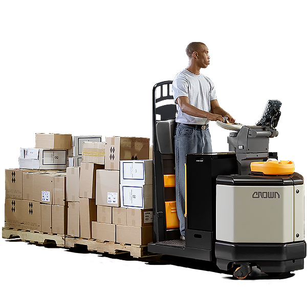 Operator moves a load using Crown's PC series center control pallet truck