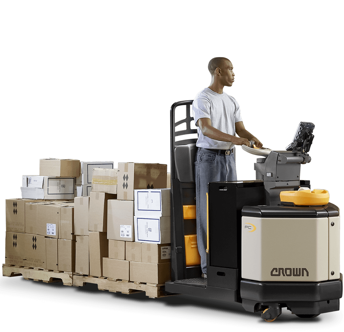 Operator moves a load using Crown's PC series center control pallet truck