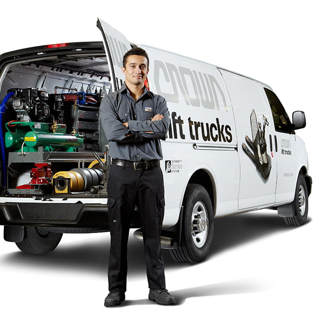 Crown service technician with fully equipped Crown service van