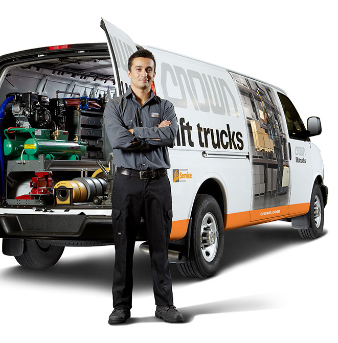 Crown service technician with fully equipped Crown service van