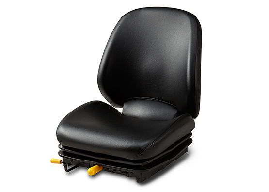 De stoel van de RT meerijpallettruck is leverbaar met stoffen of vinyl bekleding