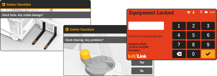 De TSP smallegangentruck is verkrijgbaar met het InfoLink bestuurder- en heftruckparkbeheersysteem  (optioneel)