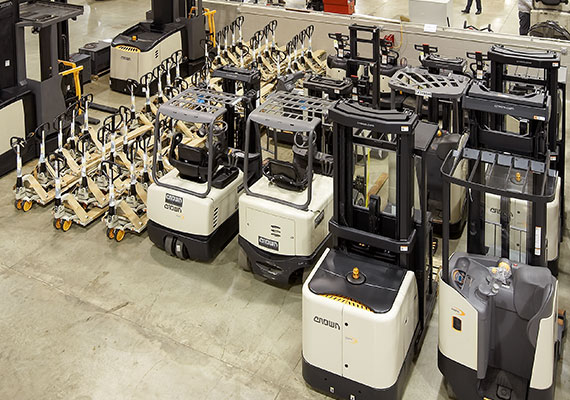 crown forklift fleet stored in a warehouse