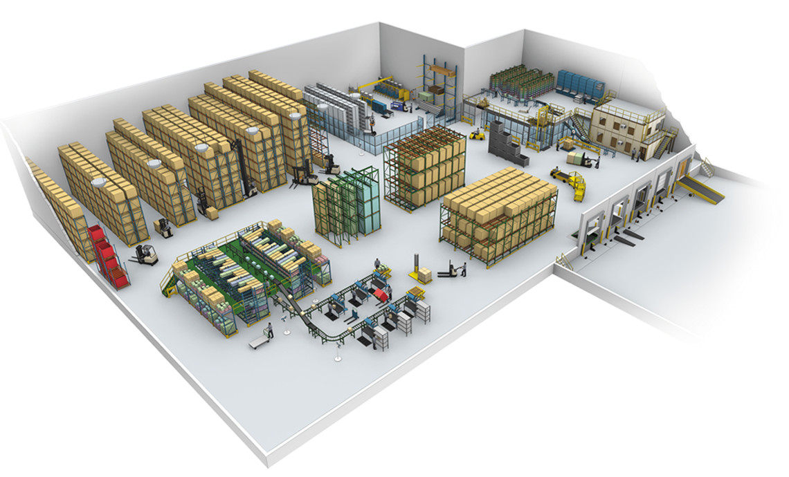 Warehouse floor plan featuring Crown warehouse products. Racking, shelving, pre-assembled building structures and more are available.