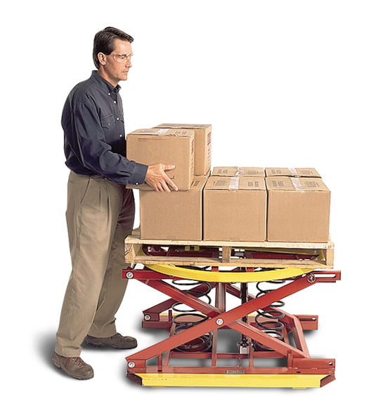 employee stacking boxes on a spring actuated pallet lift